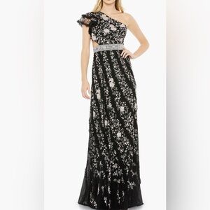 Mac Duggal Embroidered Ruffled One Shoulder Lace Up Gown Style # 70160 NWT